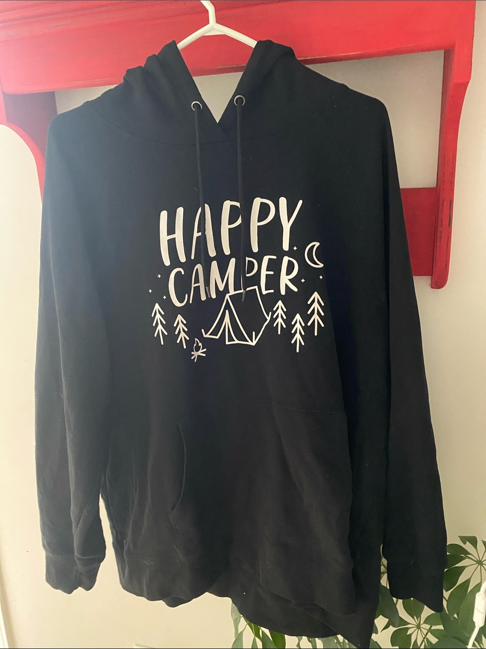 Warehouse One Happy Camper Black Hooded Sweatshirt Ladies Plus Clothes